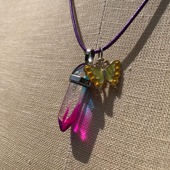 Handmade Cotton Candy Crystal Amulet Necklace & Enamel Butterfly Charm - Picture 3 of 8